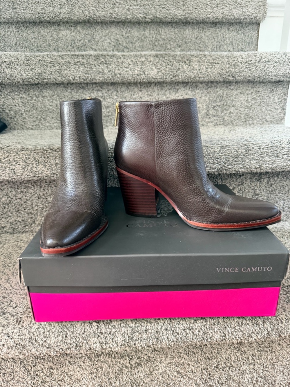 Vince Camuto Dark Brown Leather Stacked Heel Ankle Booties